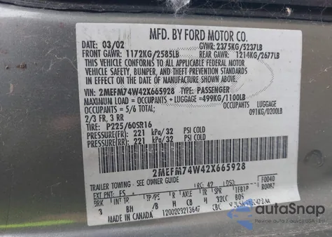 2002 Mercury Grand Marquis Gs/Gs Convenience из США, поврежденный, VIN 2MEFM74W42X665928